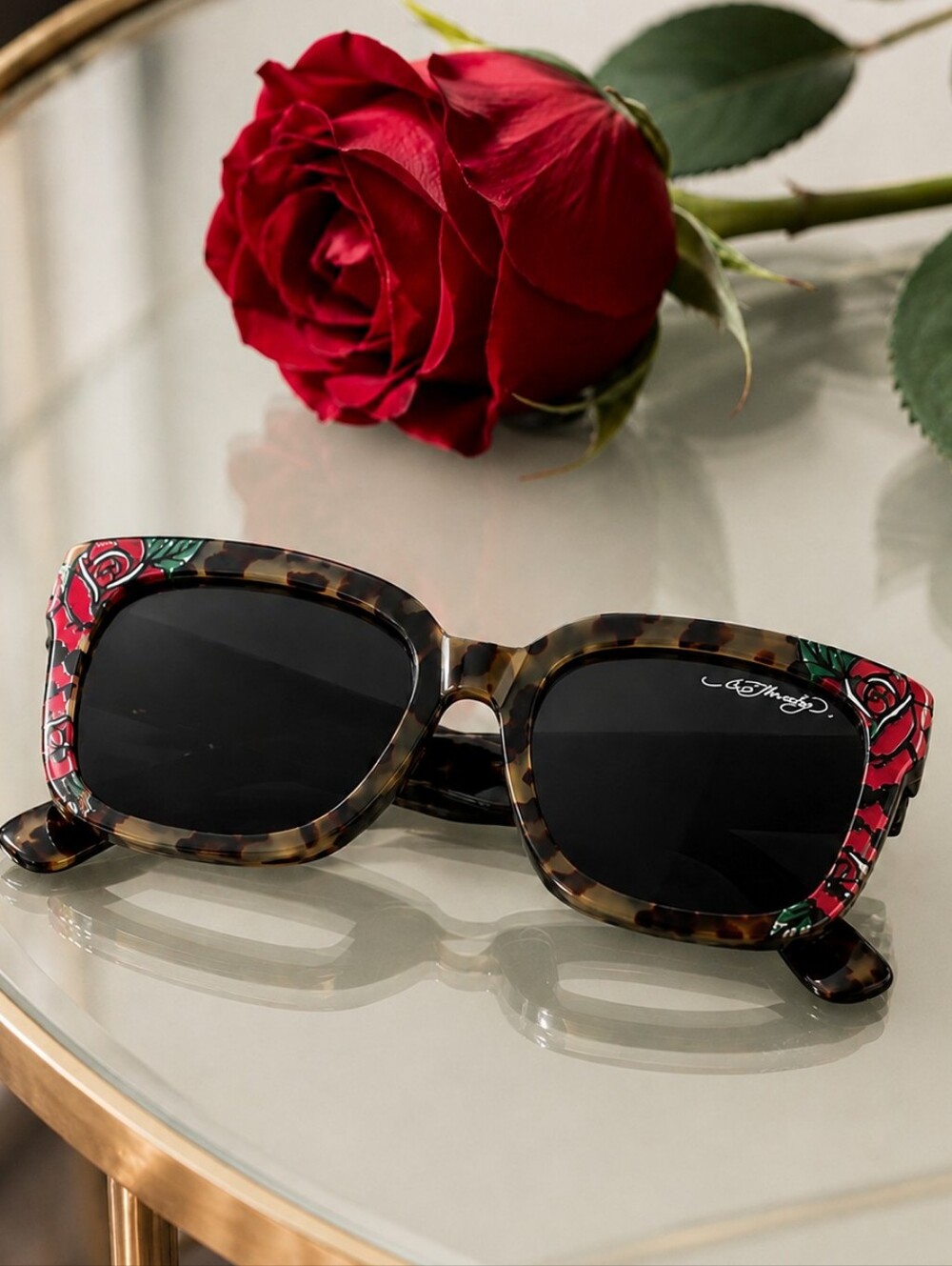 ED HARDY Rose Print Oversized Sunglasses Tortoise FULL UV PROTECTION